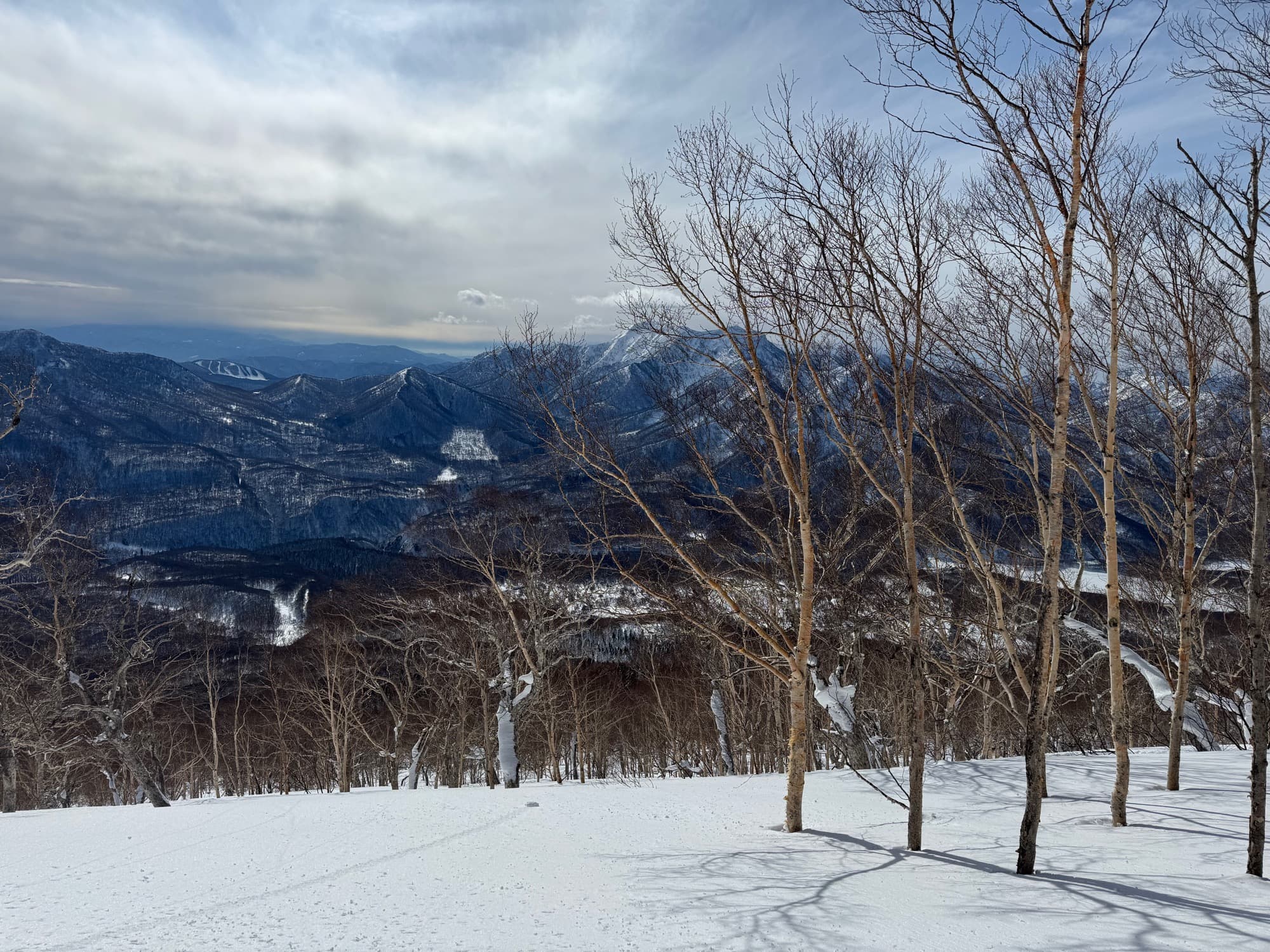 Ski touring along a snow ridge with mountain panorama